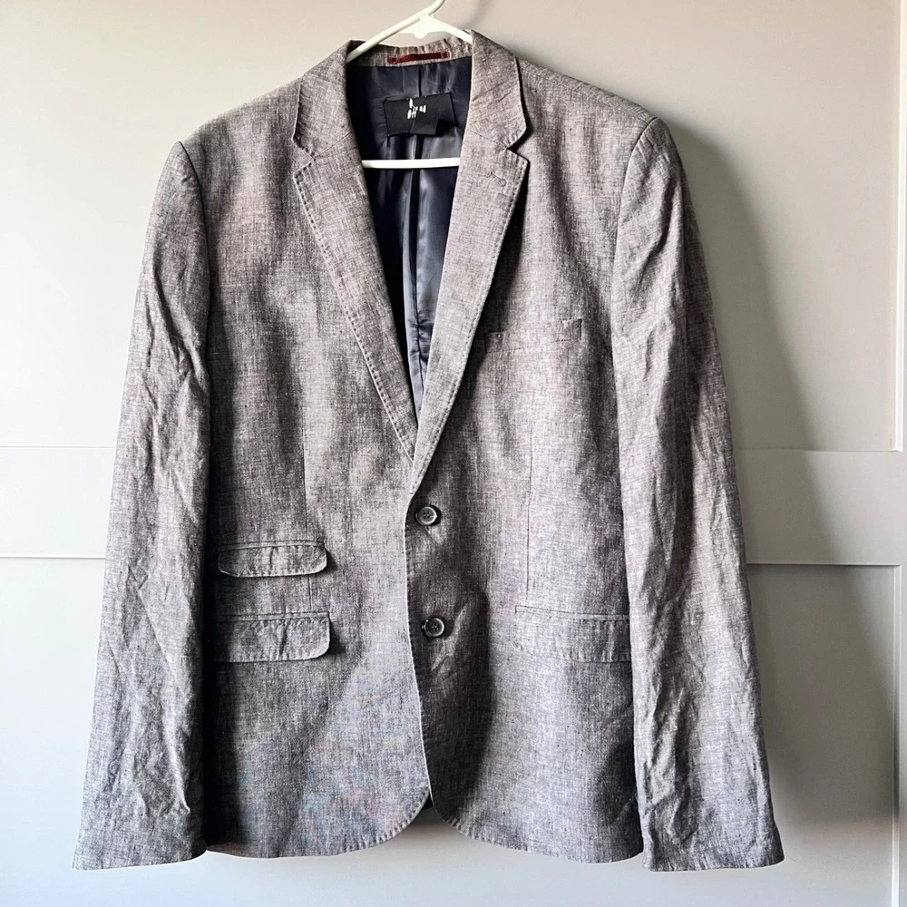 H&M Linen Blend Blazer Mens 44R‎ Grey Good Two Button Sport Coat Notch Lapel